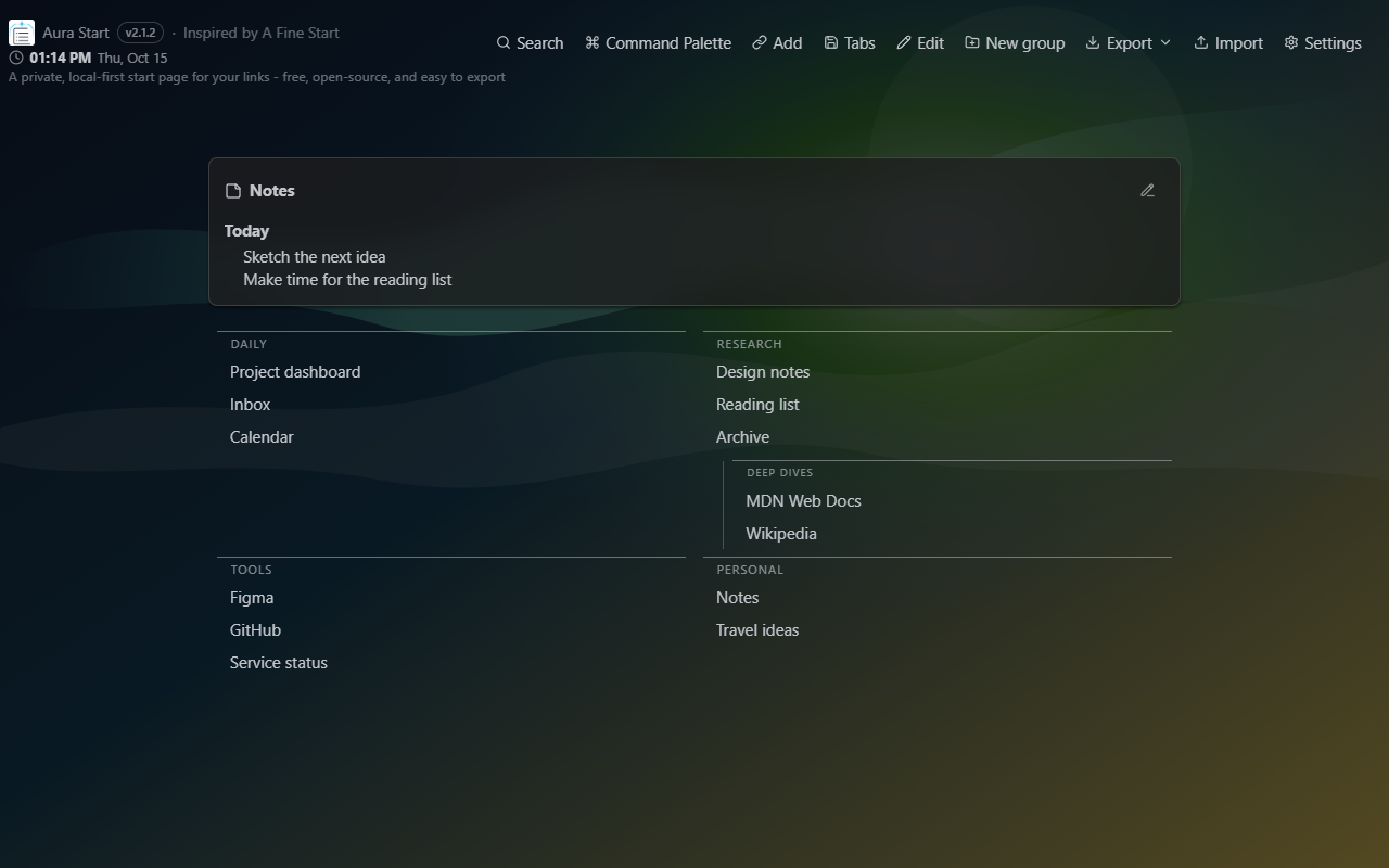 Aura Start 2.1.2 with demo link groups and search in the real extension interface