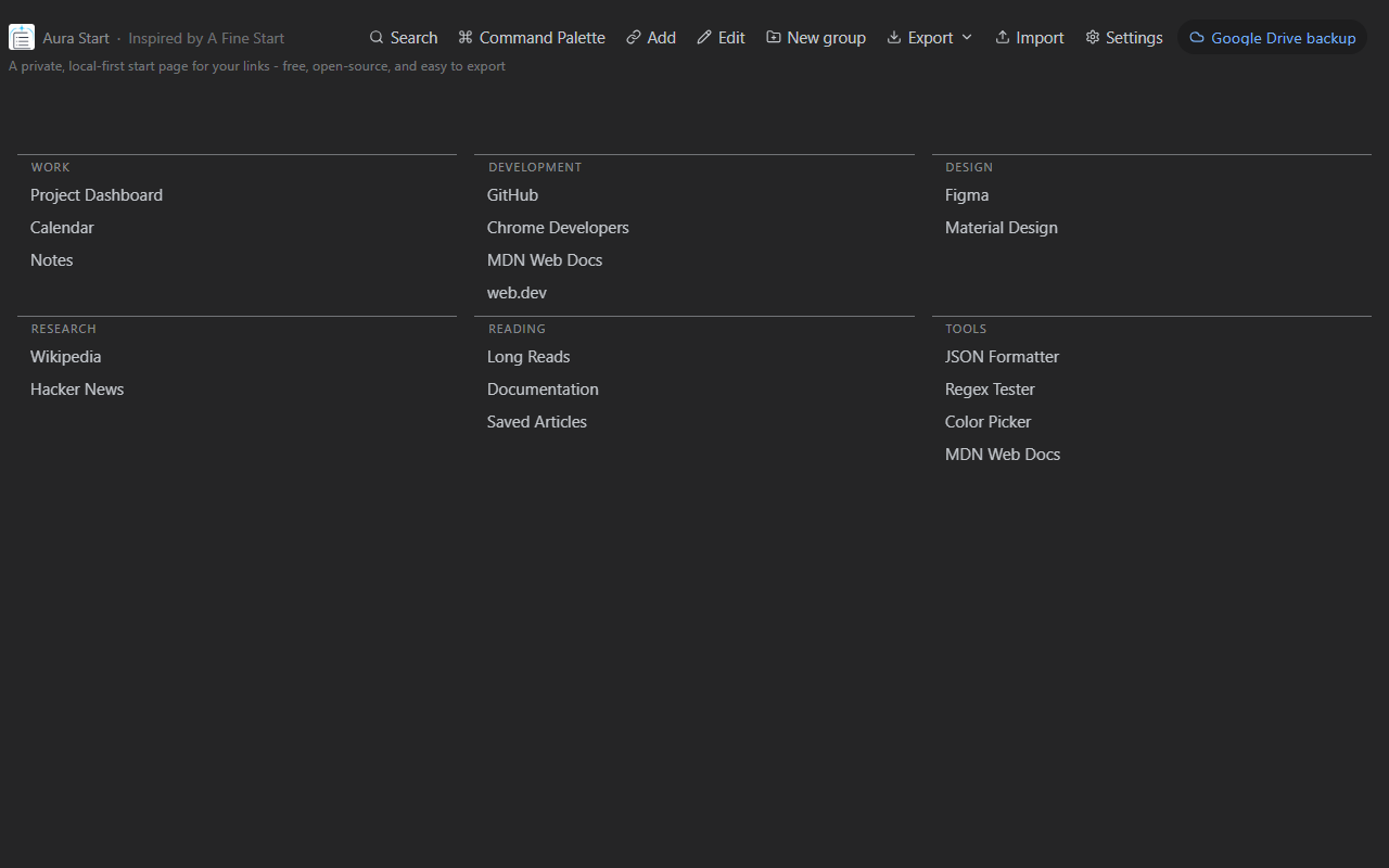 Aura Start new tab with clean groups of links