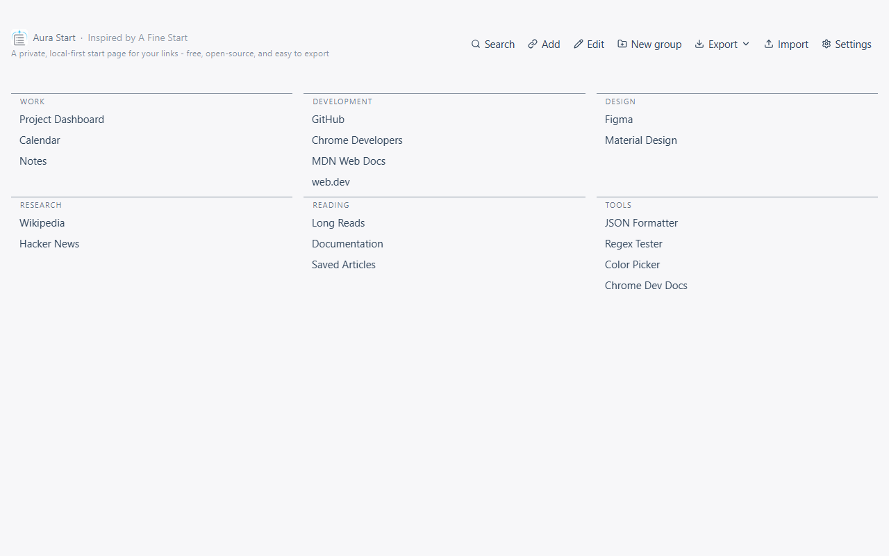 Aura Start new tab with clean groups of links