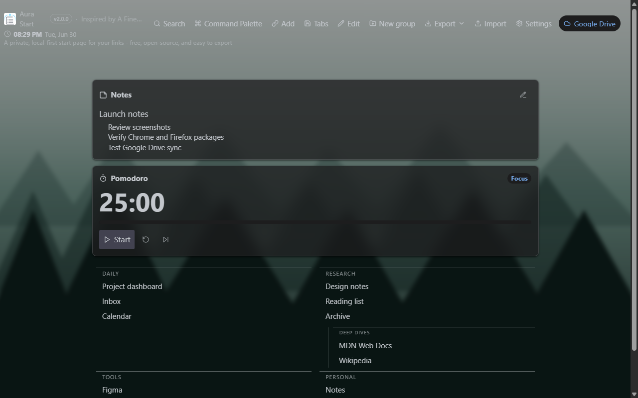 Aura Start new tab with nested groups, background image, and widgets