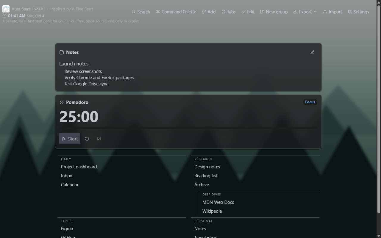 Aura Start new tab with nested groups, background image, and widgets