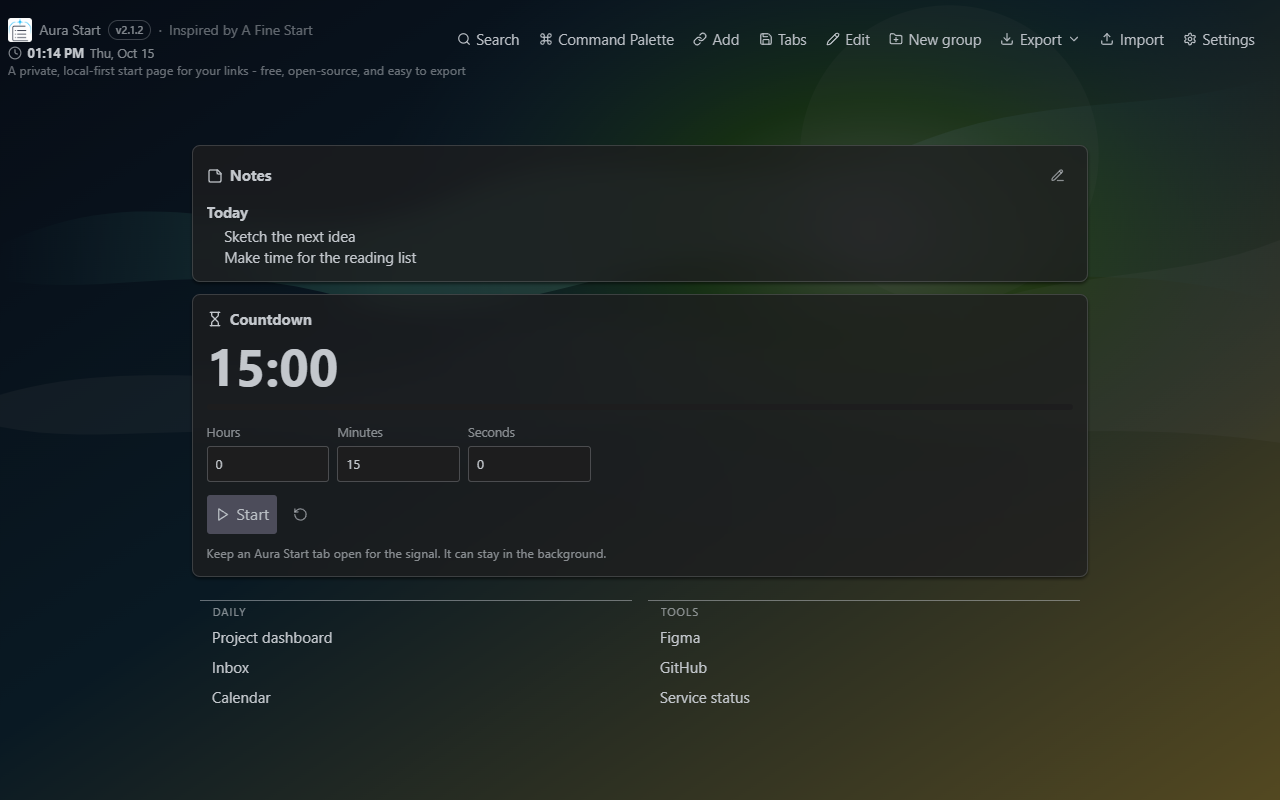Aura Start 2.1.2 Notes and Countdown widgets