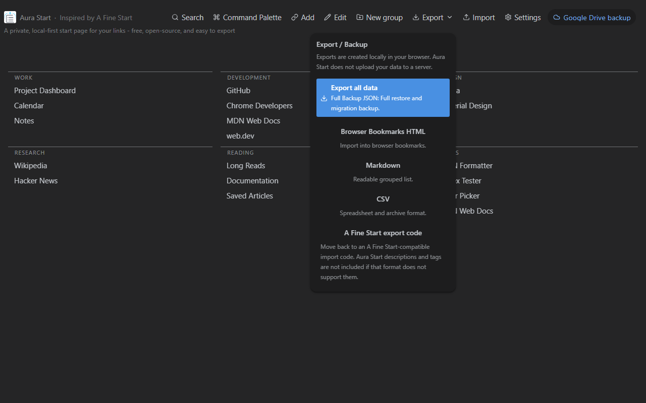 Aura Start Export and Backup screen