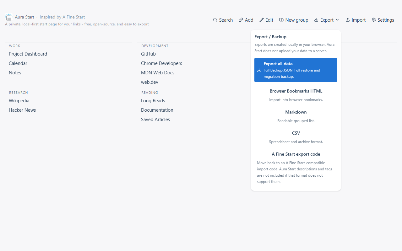 Aura Start Export and Backup screen
