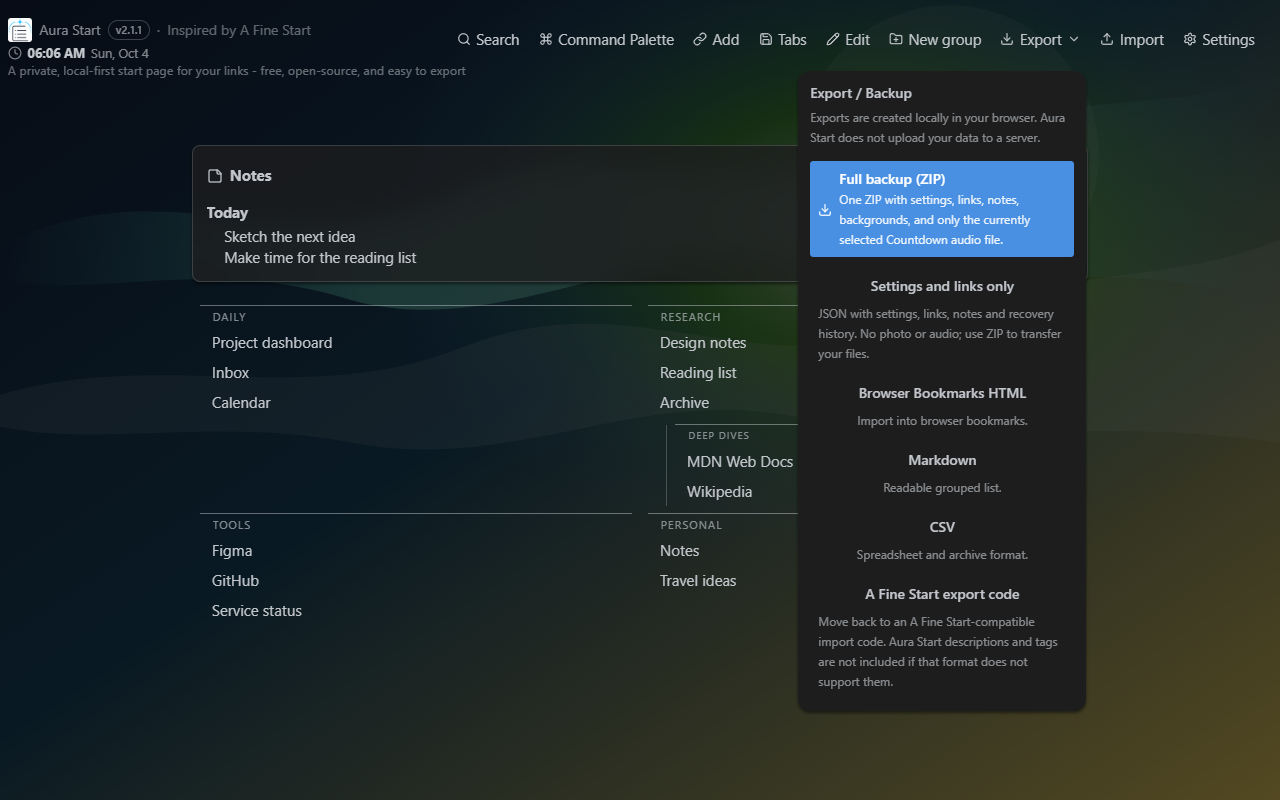 Aura Start 2.1.1 Export / Backup menu with Full Backup ZIP