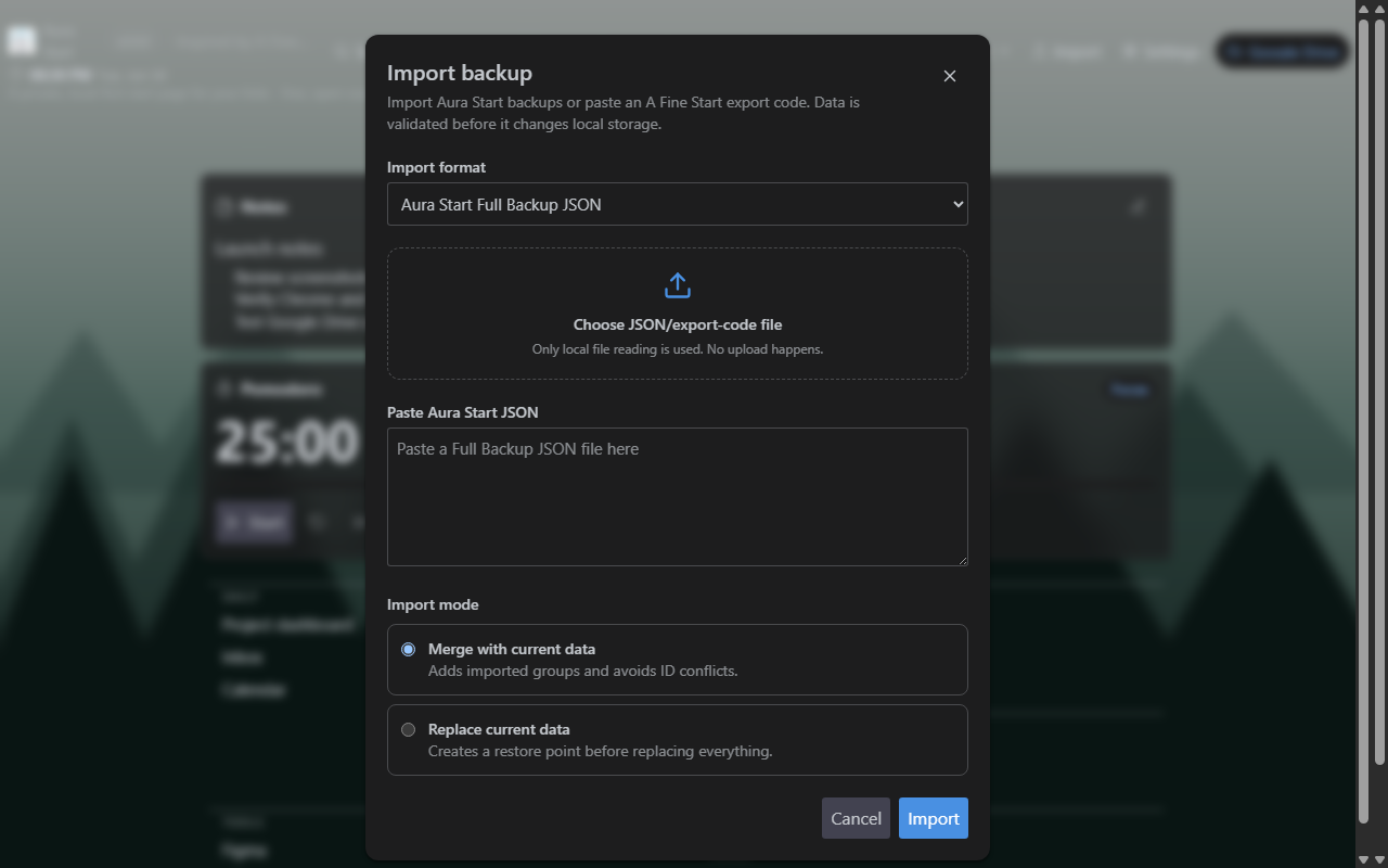 Aura Start Import and Export screen