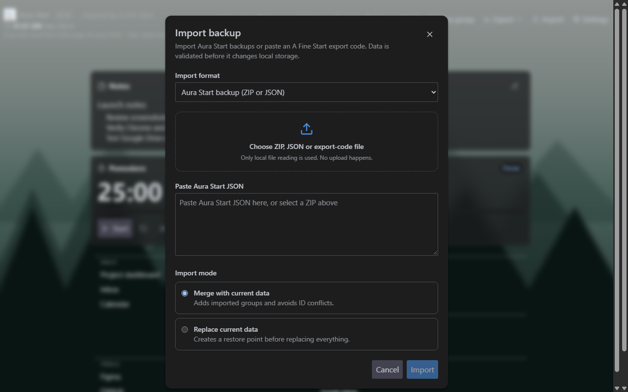 Aura Start Import and Export screen