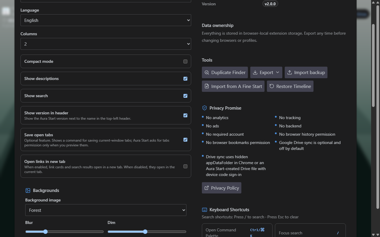 Aura Start settings with backgrounds and widgets
