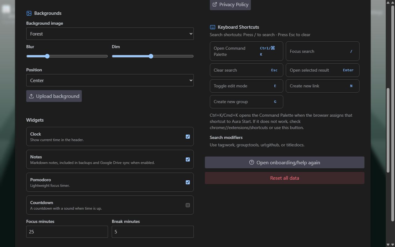 Aura Start settings with backgrounds and widgets