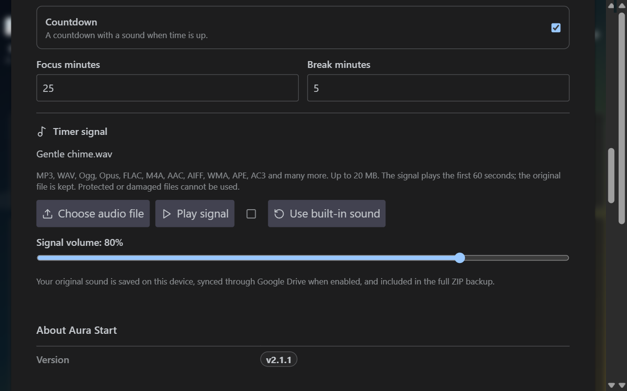 Aura Start 2.1.1 settings for a custom Countdown sound