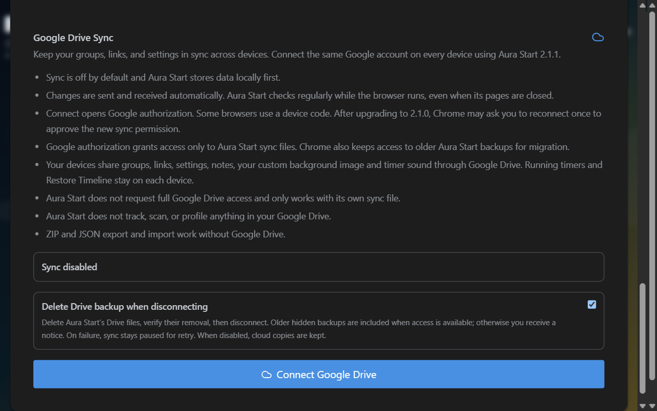 Aura Start Google Drive settings with sync disabled, an optional connection button, and deletion preference