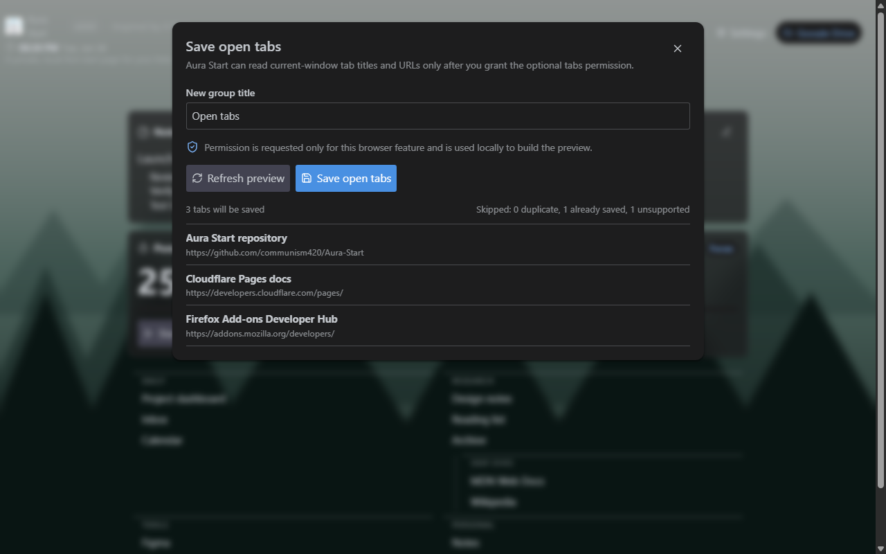 Aura Start Save open tabs dialog