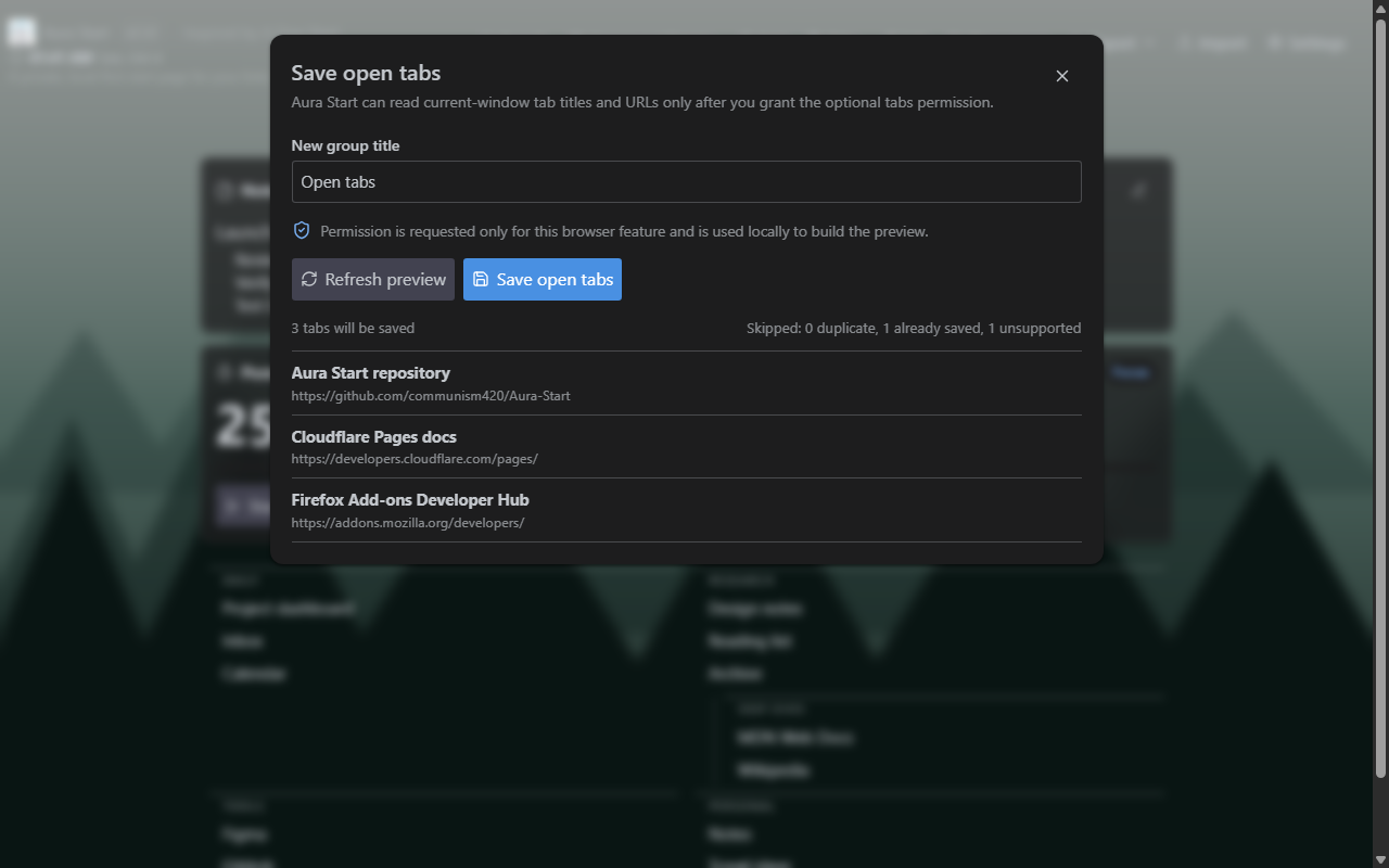 Aura Start Save open tabs dialog